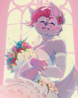 accessory anthro backlighting bouquet breasts cheek_tuft clothed clothed_anthro clothed_female clothing digit_ring dress eyebrows eyes_closed eyewear facial_tuft female fingers flower flower_bouquet flower_in_hair fur glasses glowing glowing_body glowing_fur hair hair_accessory happy inner_ear_fluff jewelry light medium_breasts necklace plant purple_body purple_fur red_hair ring round_glasses smile smiling_at_viewer snout solo tail tuft wearing_glasses wedding wedding_dress wedding_ring wedding_veil andre_moraph andre_moraph_(character) canid canine mammal 2026 4:5 absurd_res colored digital_media_(artwork) film_grain hi_res lighting shaded shaded_line_art signature