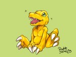 claws feral green_eyes happy male nub_tail open_mouth solo teeth_showing yellow_body double_slime bandai_namco digimon agumon digimon_(species) dinosaur prehistoric_species reptile scalie 4:3 absurd_res digital_media_(artwork) hi_res