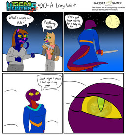 anthro deaf dialogue female gradient_background group keikogi male martial_arts_uniform melee_weapon moon reflection_in_eyes simple_background sportswear sword text training trio weapon baristagamerproductions ada_(gem_hunters) alfonso_(gem_hunters) phoebe_(gem_hunters) canid canine canis dingo felid feline mammal reptile scalie snake absurd_res comic english_text hi_res