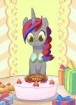 baked_goods blue_hair cake candle cupcake dessert eyewear female food fruit gift goggles grey_body hair horn multicolored_hair plant red_hair smile solo strawberry text two_tone_hair yellow_eyes madmax hasbro my_little_pony mythology fan_character terrafirma equid equine mammal mythological_creature mythological_equine unicorn hi_res