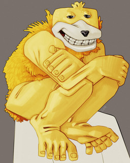 anthro black_eyes black_nose facial_markings feet foot_focus fur furry_body head_markings humanoid_feet male markings mascot muzzle_(marking) plantigrade plushie puppet simple_background sitting smile solo yellow_body yellow_fur yellow_skin ravuer levi's flat_eric 4:5 absurd_res hi_res