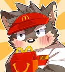 anthro blush embarrassed eyebrows facial_scar fur grey_body grey_fur male scar solo thick_eyebrows aroenikuniku happy_meal lifewonders mcdonald's tokyo_afterschool_summoners moritaka_(tas) canid canine canis domestic_dog mammal hi_res