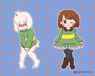 anthro blush bottomless clothed clothing covering covering_crotch duo embarrassed embarrassing_nudity female green_clothing green_sweater green_topwear male male/female pattern_clothing pattern_sweater pattern_topwear striped_clothing striped_sweater striped_topwear stripes sweater topwear young young_anthro young_human nizikumo_a undertale undertale_(series) asriel_dreemurr chara_(undertale) boss_monster_(undertale) bovid caprine human mammal