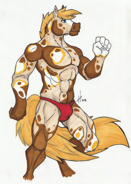 anthro biped blonde_hair blonde_mane blue_eyes brown_body brown_fur bulge clothed clothing detailed_bulge fur hair male male_anthro mane markings mouth_closed muscular muscular_anthro muscular_male panties red_clothing red_panties red_underwear simple_background solo standing tail tan_body tan_fur topless underwear white_background white_body white_fur yellow_markings yellow_tail hufnaar equid equine horse mammal 2018 dated hi_res