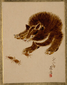 ambiguous_gender claws feral finger_claws fur group lying on_front pincers predator/prey quadruped simple_background size_difference solo_focus text toe_claws whiskers shibata_zeshin public_domain arthropod bear crab crustacean decapod malacostracan mammal 19th_century ancient_art hi_res japanese_text painting_(artwork) traditional_media_(artwork) traditional_painting_(artwork) translation_request
