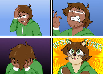 4_panel_comic anthro blep brown_body brown_fur brown_hair claws clenched_teeth clothed clothing cute_fangs dark_body dark_skin eyes_closed eyewear fangs female fur fur_growth glasses green_clothing green_eyes green_hoodie green_topwear growth hair happy hoodie human_to_anthro rectangular_glasses sharp_teeth simple_background smile snout snout_growth solo species_transformation tan_body tan_fur teeth text tongue tongue_out topwear transformation uncomfortable wearing_glasses whiskers white_eyewear white_glasses jpgr human mammal mustelid otter comic digital_media_(artwork) english_text hi_res