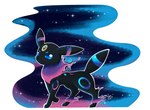 ambiguous_gender ankle_tuft black_body black_ears black_fur black_nose black_tail blue_eyebrows blue_eyes blue_markings blue_ruff blue_sclera blue_tuft cosmic_background eyebrows feral fur fusion leg_tuft markings multicolored_tuft no_pupils pink_ruff pink_tuft pokemon_fusion solo tail tuft two_tone_ruff two_tone_tuft miragepotato nintendo pokemon eeveelution generation_2_pokemon pokemon_(species) umbreon digital_drawing_(artwork) digital_media_(artwork) hi_res