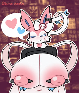 abdominal_bulge anthro big_breasts black_clothing blue_body blue_eyes blue_fur blurred_background blush bodily_fluids bow_(anatomy) bow_ribbon breasts cheek_tuft clothed clothing clothing_lift detailed_background ear_piercing facial_tuft fangs female female_anthro fur head_tuft heart_symbol holding_breast huge_breasts multicolored_body multicolored_fur narrowed_eyes navel nipple_piercing nipples open_mouth open_smile piercing pink_body pink_fur pink_nipples pokemorph ribbons_(anatomy) shirt shirt_lift slightly_chubby smile solo store sweat sweatdrop teasing teasing_viewer teeth topwear tuft white_body white_fur tunasnacks nintendo pokemon mae_(tunasnacks) eeveelution generation_6_pokemon pokemon_(species) sylveon 2026 2_frame_animation 2d_animation animated digital_media_(artwork) hi_res loop