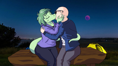 anthro bald blue_clothing blue_jacket blue_topwear bottomwear canon_couple clothed clothed_anthro clothed_female clothing duo eyes_closed eyewear female fingers front_view furgonomics green_body green_hair grey_bottomwear grey_clothing grey_pants hair hand_on_cheek hoodie hug human_on_anthro humanoid_hands interspecies jacket kissing male male/female night open_clothing open_jacket open_topwear outside pants purple_clothing purple_hoodie purple_topwear romantic romantic_couple shirt short_hair sitting sunglasses tail_around_partner tent topwear white_clothing white_shirt white_topwear sebek_fereh_ra cavemanon_studios i_wani_hug_that_gator inco_(iwhtg) olivia_halford baryonyx dinosaur human mammal prehistoric_species reptile saurischian scalie spinosaurid theropod colored hi_res shaded