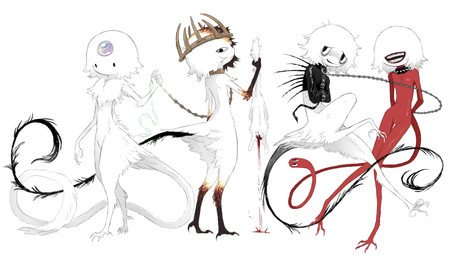ambiguous_anthro ambiguous_gender anthro avian_feet black_collar black_eyes black_feet black_straitjacket black_tail blood bodily_fluids chain chain_leash collar crown digitigrade dot_eyes eyeless feet female female_anthro forehead_gem fur gem gloves_(marking) group hair headgear holding_corpse holding_leash holding_object iridescent jumping leash leg_markings living_tail looking_aside male male_anthro markings mouth_closed mouthless noseless open_mouth open_smile partially_clothed_ambiguous partially_clothed_anthro raised_leg red_body red_skin red_tail restraints simple_background simple_eyes smile socks_(marking) solid_circle_eyes spiked_collar spiked_straitjacket spikes standing straitjacket tail tail_grab teeth unusual_anatomy unusual_tail white_background white_body white_fur white_hair white_tail jejejunum ember_(jejejunum) mumble_(jejejunum) screech_(jejejunum) secret_(jejejunum) demon fraid_(species) monster 2026 digital_drawing_(artwork) digital_media_(artwork) full-length_portrait hi_res portrait