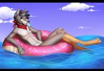 anthro cloud ears_up food footprint fur hair lying male mostly_nude pawprint pawprint_tattoo popsicle popsicle_in_mouth scarf scarf_only solo swim_ring tattoo water wide_eyed eurikagray marcus_hunter canid canine canis mammal wolf 2018 signature