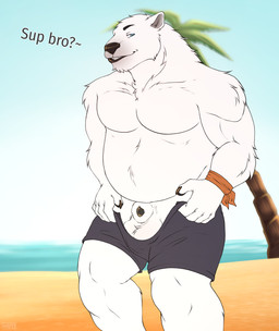 animal_genitalia animal_penis anthro balls beach belly big_balls black_penis claws clothed clothing fur genitals looking_at_viewer male overweight overweight_male panties panties_down partially_clothed penis presenting sheath simple_background slightly_chubby smile solo standing swimming_trunks swimwear text underwear underwear_down water white_body white_fur wrap kaitoharo99 rihad bear mammal polar_bear ursine absurd_res digital_media_(artwork) hi_res