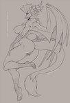 anthro breasts female genitals horn horn_jewelry horn_ring jewelry membrane_(anatomy) membranous_wings nipples nude pussy ring_(jewelry) tail wings wmdiscovery93 mythology eloriya dragon mythological_creature mythological_scalie scalie full-length_portrait hi_res line_art monochrome portrait