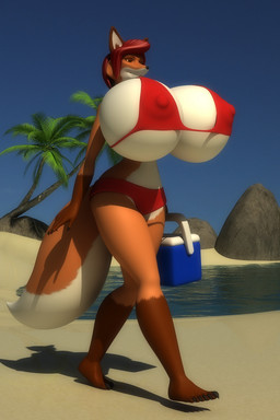 anthro beach big_breasts bikini breasts clothed clothing cooler detailed_background female hair huge_breasts hyper outside red_hair sand seaside sky smile solo swimwear two-piece_swimsuit water anthroanim colossal_kimberly canid canine fox mammal 2:3 3d_(artwork) digital_media_(artwork) hi_res