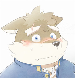 anthro blue_eyes blush bodily_fluids crying eyebrows fur grey_body grey_fur male scar solo tears thick_eyebrows ren_izayoi lifewonders tokyo_afterschool_summoners moritaka_(tas) canid canine canis domestic_dog mammal bust_portrait low_res portrait