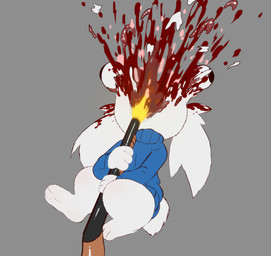 3_toes 4_fingers anthro barefoot blood blood_spray bodily_fluids bottomless bottomless_female brain clothed clothed_female clothing death eyeball feet female fingers fluffy fluffy_tail gore gun head_explosion holding_object holding_ranged_weapon holding_weapon killing morbid mutilation organs ranged_weapon self-harm shirt shirt_only shot_in_head shotgun soles suicide sweater tail teeth toes topwear topwear_only turtleneck weapon e254e cave_story sue_sakamoto lagomorph mammal mimiga absurd_res hi_res