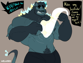 anthro barazoku black_briefs black_clothing black_sclera black_speech_bubble black_underwear blue_body blue_fur blue_text briefs bulge clenched_teeth clothing fur gloves_(marking) male male_anthro markings muscular muscular_anthro muscular_male possession solo surprised teal_body teal_fur teeth text underwear yellow_text melaisen bernard_(melaisen) demon felid ghost lion mammal pantherine spirit 2022 absurd_res digital_drawing_(artwork) digital_media_(artwork) hi_res portrait three-quarter_portrait