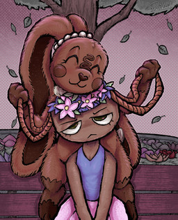 anthro basket brown_body container duo eyes_closed female female/female flower for_a_head fur holidays leaf long_ears multicolored_body multicolored_fur plant sitting smile unimpressed deidad_dissitum blushcrunch_studio dandy's_world easter roblox bassie_(dandy's_world) cocoa_(dandy's_world) animate_inanimate lagomorph leporid mammal object_head rabbit toon_(dandy's_world) hi_res