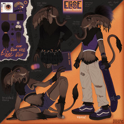 2_toes 5_fingers accessory anthro big_ears black_body black_bottomwear black_clothing black_crop_top black_footwear black_fur black_hair black_shirt black_shoes black_skirt black_sweater black_topwear bottomwear bra bracelet braided_ears braided_fur braided_hair breasts broken_tusk brown_body brown_fur brown_tusk chain_jewelry clock clothing crop_top ear_piercing ear_ring elise_(rhaelrhaelrasputin) eyebrow_piercing eyebrow_slit eyebrows eyeshadow facial_piercing feet female fingers fishnet_clothing fishnet_legwear floppy_ears fluffy fluffy_chest fluffy_ears fluffy_shoulders fluffy_tail footwear fur gold_piercing gradient_eyes gradient_eyeshadow hair hair_accessory hair_tie hand_on_hip highlights_(coloring) holding_object holding_skateboard horn horn_jewelry horn_ring jewelry legwear long_hair looking_at_viewer makeup markings messy_hair multicolored_body multicolored_fur neck_tuft open_mouth open_smile orange_eyes pants piercing plantigrade pleated_skirt proboscis_(anatomy) purple_bottomwear purple_bracelet purple_clothing purple_crop_top purple_eyes purple_footwear purple_hair purple_shirt purple_shoes purple_shorts purple_tongue purple_topwear ring_(jewelry) ring_piercing shirt shoes shorts simple_background sitting skateboard skirt slim_tail small_breasts smartwatch smile solo sports_bra sportswear standing sweater tail tan_bottomwear tan_clothing tan_pants text tied_hair toes tongue topwear torn_bottomwear torn_clothing torn_pants trunk_(anatomy) tuft tusks underwear vehicle watch white_sclera white_shoelaces rhaelrhaelrasputin vans_(brand) elephantid mammal mammoth prehistoric_species proboscidean woolly_mammoth 1:1 absurd_res hi_res model_sheet