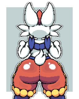 anthro big_butt border bottom_heavy butt cheek_tuft facial_tuft female fur grey_background rear_view red_body red_fur simple_background solo thick_thighs tuft white_body white_border white_fur wide_hips ekumea nintendo pokemon cinderace generation_8_pokemon pokemon_(species) absurd_res digital_media_(artwork) hi_res pixel_(artwork)
