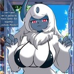 anthro anthrofied big_breasts bra breasts claws cleavage clothed clothing dialogue fangs female fur hair looking_at_viewer neck_tuft pokemorph red_eyes smile solo teeth text tuft underwear white_body white_fur white_hair evaacii nintendo pokemon absol generation_3_pokemon pokemon_(species) 1:1 2025 digital_media_(artwork) english_text hi_res portrait
