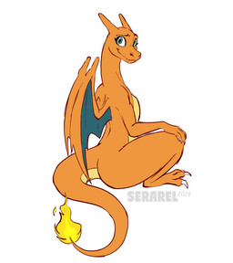 anthro cute_fangs fangs featureless_chest female fire flaming_tail laws long_neck long_tail looking_at_viewer looking_back looking_back_at_viewer membrane_(anatomy) membranous_wings orange_body orange_scales scales simple_background sitting smile solo tail teeth wings serareldeer mythology nintendo pokemon charizard dragon generation_1_pokemon mythological_creature mythological_scalie pokemon_(species) scalie hi_res
