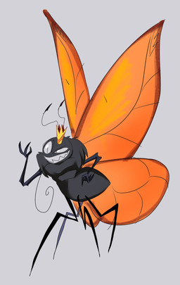 3_fingers 4_legs ambiguous_gender antennae_(anatomy) arthropod_abdomen black_antennae black_body crown eyespots fingers grey_background grin hand_on_hip headgear insect_wings markings monotone_body narrowed_eyes orange_wings pupils ruff simple_background small_pupils smile solo teeth toothy_grin wings glean143466 disney hoppers_(disney) pixar titus_(hoppers) arthropod butterfly insect lepidopteran monarch_butterfly taur 2026 digital_media_(artwork) full-length_portrait hi_res portrait