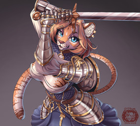5_fingers anthro armor big_breasts blue_eyes breasts female fingers hair markings melee_weapon orange_body orange_hair solo striped_body striped_markings striped_tail stripes sword tail tail_markings warrior weapon white_body ottobum ravyn_stripeshadow felid feline mammal pantherine tiger absurd_res hi_res