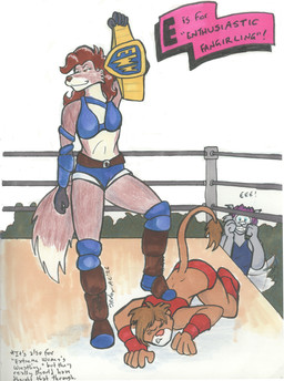 alphabet anthro armor belt boots brown_hair championship_belt clothing female fighting_ring footwear fur gauntlets gloves grey_body grey_fur group hair handwear langley purple_hair red_body red_fur shoes standing trio wrestling wrestling_match zero_pictured the-gneech magnavixen tazom canid canine canis felid fox lion mammal pantherine wolf hi_res