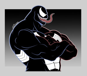 big_muscles black_body emblem empty_eyes long_tongue male muscular not_furry sharp_teeth smile solo teeth tongue tongue_out dummydurzz marvel venom_(marvel) alien alien_humanoid humanoid symbiote digital_media_(artwork) hi_res