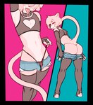 abstract_background anthro black_collar bottomwear bulge butt clothing collar crop_top femboy fur genitals heart_symbol hotpants legwear male navel one_eye_closed penis penis_base pink_body pink_fur presenting presenting_hindquarters shirt shorts sleeves solo thigh_highs thong tongue tongue_out topwear underwear gigawix domestic_cat felid feline felis mammal 2022 hi_res