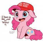 blue_eyes chest_tuft chibi clothing cutie_mark dialogue eyebrows eyelashes female feral fur hair hat headgear headwear maga_hat open_mouth pink_body pink_fur pink_hair pink_tail politics simple_background solo tail teeth text text_on_clothing text_on_hat text_on_headwear tongue tuft white_background evehly friendship_is_magic hasbro make_america_great_again my_little_pony pinkie_pie_(mlp) equid mammal 2017 digital_media_(artwork) english_text hi_res