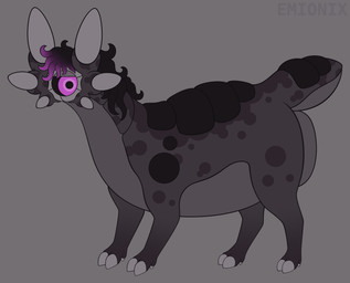 1_eye 6_ears ambiguous_gender anus big_anus black_mane black_sclera black_scutes cloven_hooves countershade_tail countershade_torso countershading dewclaw_hooves feral grey_background grey_body hooves huge_anus hyper hyper_anus leg_markings lidded_eyes looking_at_viewer mane markings mottled mottled_body mouthless multi_ear multicolored_mane overweight overweight_ambiguous overweight_feral pink_eyes pink_mane purple_body purple_countershading purple_markings quadruped scutes short_legs short_tail simple_background socks_(marking) solo standing tail text thick_neck thick_tail three-quarter_view toony unguligrade unusual_ears emionix minmu lurkerbeast omnitope 2025 absurd_res artist_name digital_drawing_(artwork) digital_media_(artwork) flat_colors full-length_portrait gimp_(artwork) hi_res portrait demigirl_(lore) nonbinary_(lore) young_(lore)
