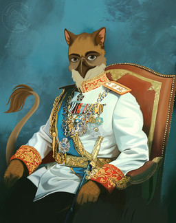 aiguillette alternate_species anthro beak brown_eyes chair clothed clothing dagger epaulet furniture furrification iranian king looking_at_viewer male medal medallion melee_weapon military_medal military_uniform ornate_furniture royalty sitting solo tail uniform uniformed_male weapon cinnameana mythology mohammad_reza_pahlavi avian gryphon mythological_avian mythological_creature absurd_res hi_res portrait signature watermark