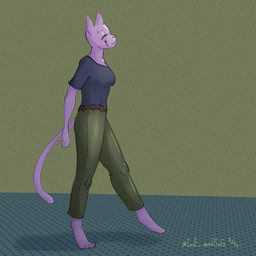 anthro blush bottomwear breasts clothed clothing female fur makeup mascara running_makeup shirt simple_background smile solo tail text topwear walking lost_andsafe passacaglia_(halcyon) domestic_cat felid feline felis mammal 1:1 2026 absurd_res colored digital_media_(artwork) english_text hi_res screentone