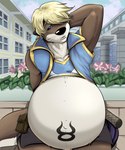 anthro astrological_symbol bashful belly big_belly blonde_hair blue_eyes blue_sky brown_body brown_fur clothed clothing cloud day detailed_background flower fur hair hand_behind_head huge_belly looking_at_viewer male morning_glory_(flower) navel otter_tail outside plant pregnant pregnant_male sitting sky solo symbol symbol_on_belly tan_body tan_fur taurus_(symbol) water waterfall western_zodiac_symbol whiskers pandottermon fairy_tail parker_(pandottermon) mammal mustelid otter 5:6 colored hi_res