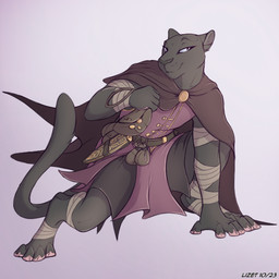 4_toes 5_fingers action_pose ankle_wraps anthro biped cape clothed clothing digitigrade feet fingers front_view looking_aside male pose purple_background shirt simple_background solo tail text toes topwear tunic lizet svarthelm_(sunderlovely) felid mammal pantherine 1:1 2023 artist_name dated digital_media_(artwork) full-length_portrait portrait shaded simple_shading