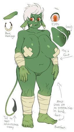 big_breasts breasts ear_piercing fangs female genitals green_body green_nipples green_skin hair macro nipple_tape nipples not_furry orange_eyes pasties piercing scar simple_background slightly_chubby solo tape teeth text vulva white_background white_hair noill bull_(noill) animal_humanoid bovid bovid_humanoid humanoid mammal mammal_humanoid ogre english_text source_request
