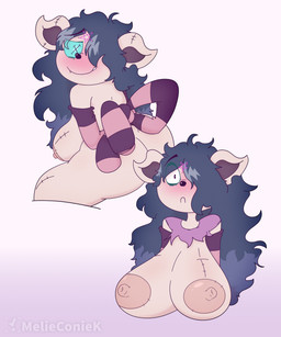anthro big_breasts blue_hair blush bow_(feature) breasts butt button_(fastener) button_eyes clothing fangs female hair huge_breasts long_hair nipples occult_symbol pentagram plushie shocked simple_background smile solo stitch_(sewing) symbol teeth topwear torn_clothing torn_topwear melieconiek cartoon_hangover the_summoning claire_(the_summoning) animate_inanimate domestic_cat felid feline felis living_plushie mammal 2022 5:6 digital_media_(artwork) hi_res