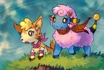 anterior_nasal_aperture black_nose blue_body cloud day duo eyelashes female feral fur grass hair hooves open_mouth open_smile outside pink_hair plant pupils scarf sky smile standing tail text white_pupils white_sclera wool_(fur) flavia-elric artfight artfight2023 nintendo pokemon autumn_deerling deerling generation_2_pokemon generation_5_pokemon mareep pokemon_(species) shiny_pokemon 2023 digital_media_(artwork) english_text hi_res