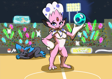 3_toes ambiguous_gender anthro blue_hair claws countershade_feet countershading crowd defeated detailed_background digit_ring duo feathers feet fur glowstick group hair jewelry lights male night nude paws pink_body pink_fur pink_soles plantigrade pokemorph purple_eyes ring screen stadium tail toe_claws toe_ring toes two_tone_feet two_tone_paws wrinkled_feet wrinkles belsmdog_(artist) nintendo pokemon belu_miranda_(character) fan_character kerolink dragonite generation_1_pokemon generation_4_pokemon generation_5_pokemon pokemon_(species) weavile zoroark absurd_res colored digital_media_(artwork) full-length_portrait hi_res meme portrait shaded