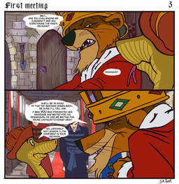 anthro banner bowing castle closed_door clothing crown crown_jewels dialogue door ears_flat eye_contact feral forked_tongue gem gold_crown group hat head_bow headgear headwear inside light_body light_skin looking_at_another male narrowed_eyes nobleman profanity ring robe royalty sitting sneer stone_floor stone_wall text tongue tongue_out torch wall_(structure) wide_eyed wood wood_door sir_paulus disney robin_hood_(disney) pavel_(sir_paulus) prince_john sir_hiss felid feline human lion mammal pantherine reptile scalie snake comic english_text hi_res