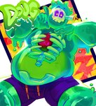 belly blush bone clothed clothing green_body heart_(organ) male organs overweight overweight_male rib_cage skull slime solo swimming_trunks swimwear text topless translucent translucent_body bimbalabam monster_prom doug_(monster_con) goo_creature goo_humanoid humanoid 2025 character_name hi_res