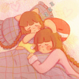 anthro bed bedding blanket blush blush_lines braided_hair brown_hair chubby_cheeks clothing duo eyes_closed female furniture hair pajamas pillow sleeping sleeping_together smile sound_effects vowelless vowelless_sound_effect zzz kiuichii bemani konami pop'n_music mimi_(pop'n_music) nyami_(pop'n_music) pop-kun domestic_cat felid feline felis lagomorph leporid mammal rabbit 1:1 digital_media_(artwork) hi_res