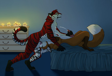 anthro anthro_on_anthro anthro_penetrated anthro_penetrating anthro_penetrating_anthro balls bed bodily_fluids candle candlelight claws clenched_teeth cum cum_in_mouth cum_inside cum_on_chest deep_throat drinking drinking_cum duo ejaculation erection fellatio fur furniture genital_fluids genitals half-closed_eyes handjob handjob_while_penetrating interspecies irrumatio knot light lying male male/male narrowed_eyes neck_bulge nude on_back oral oral_only oral_penetration orange_body orange_fur penetration penile penis_in_mouth red_body red_fur sex striped_body stripes sucking tail teeth throat_swabbing luca_(artist) bleachsoulreaper01 roanth_rufry_alfer_(character) canid canine felid feline fox mammal pantherine tiger 2017