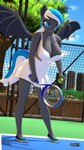 anthro ball blue_eyes blue_hair blue_nail_polish blue_nails breasts cleavage clothed clothing colored_nails dress female footwear hair multicolored_hair multicolored_tail nails pupils shoes slit_pupils sneakers solo tail tennis_ball tennis_racket white_clothing white_dress white_hair anthroponiessfm hasbro my_little_pony diamond_azure fan_character bat_pony equid mammal hi_res