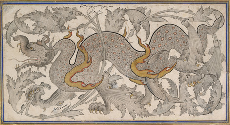 ambiguous_feral ambiguous_gender claws dewclaw fangs feral finger_claws leaf markings open_mouth plant quadruped scales serpentine side_view simple_background solo spots spotted_body tail teeth text toe_claws tongue tongue_out walking mir_sayyid_muhammad_naqqash mythology public_domain dragon eastern_dragon mythological_creature mythological_scalie scalie 16th_century absurd_res ancient_art hi_res huge_filesize painting_(artwork) persian_text restricted_palette signature traditional_media_(artwork) traditional_painting_(artwork) traditional_watercolor_(artwork) translated watercolor_(artwork)