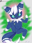 anthro blue_body blue_fur blush breasts crossgender cute_fangs fangs featureless_breasts featureless_crotch female fur green_eyes lying nude null on_back solo spread_legs spreading teeth text ultama_lokshar_(artist) nintendo pokemon generation_6_pokemon meowstic pokemon_(species) hi_res url