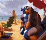 anthro anthro_on_anthro ball beach beach_ball blue_body blue_scales chair clothing cloud detailed_background duo_focus eyes_closed eyewear facial_hair furniture glasses group hand_on_crotch hug implied_handjob inflatable jerked_silly jockstrap light looking_pleasured male male/male muscular muscular_anthro muscular_male net scales sea seaside smile sunlight swimming_trunks swimwear tail umbrella underwear volleyball_net water kristakeshi mythology rennin reyes canid canine canis domestic_dog dragon felid lion mammal mastiff molosser mythological_creature mythological_scalie pantherine rottweiler scalie 2019