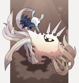 2_horns ambiguous_gender battle black_body black_eyes cloak clothed clothing duo empty_eyes fur holding_melee_weapon holding_object holding_weapon horn looking_at_another melee_weapon weapon wings kiri_0861 hollow_knight_(franchise) team_cherry radiance_(hollow_knight) the_knight_(hollow_knight) arthropod insect lepidopteran moth vessel_(species) 2023 absurd_res hi_res